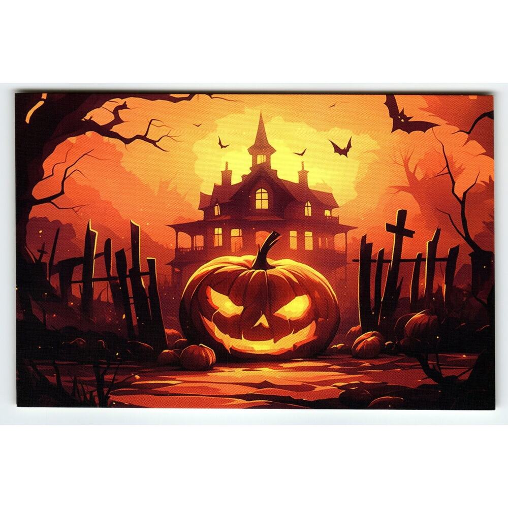 Vintage Halloween Photochrome Postcard Jack-O'-Lantern Haunted House